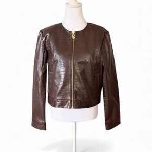 MICHAEL Michael Kors Chocolate Croc-Embossed Faux Leather Jacket medium NWT